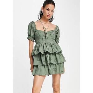 Altar’d State Olive Green Floral Embroidered Ruffle Corset Mini Dress Size Large